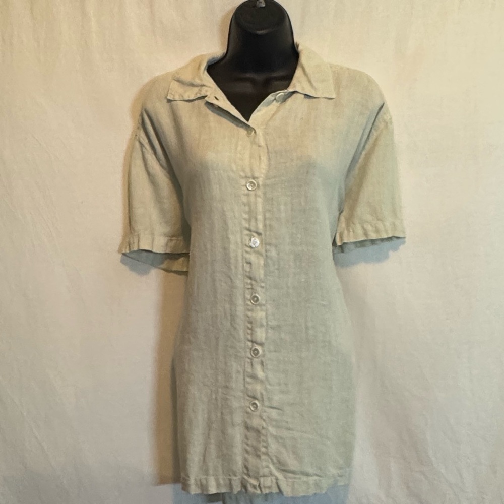 H-166‎ Sunbelt Vintage Cream Short Sleeve 100% Linen Button Down Blouse Size L